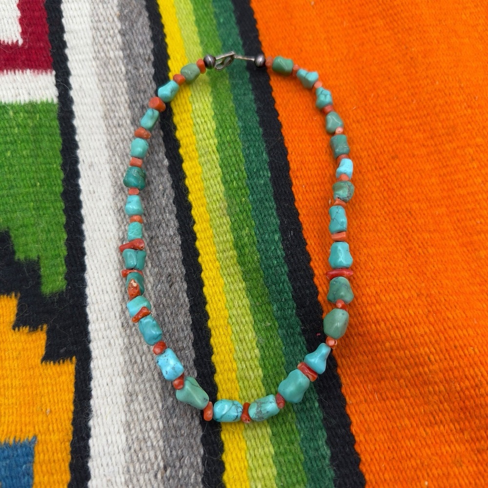 VTG‎ Native Southwest Sterling Turquoise Coral Nuggets 17" Full Length Necklace